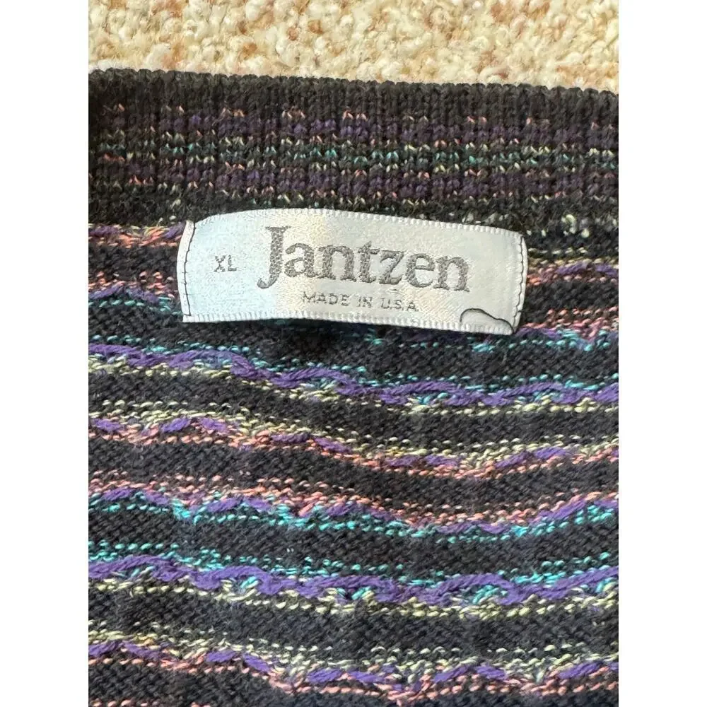 Vintage 80's/90's  Jantzen Cardigan Sweater; Striped; Detailed Buttons; XL